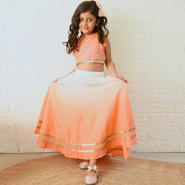 Ikeda Designs Crop Top with Lace and Ombre Lehenga- White and Peach - Totdot