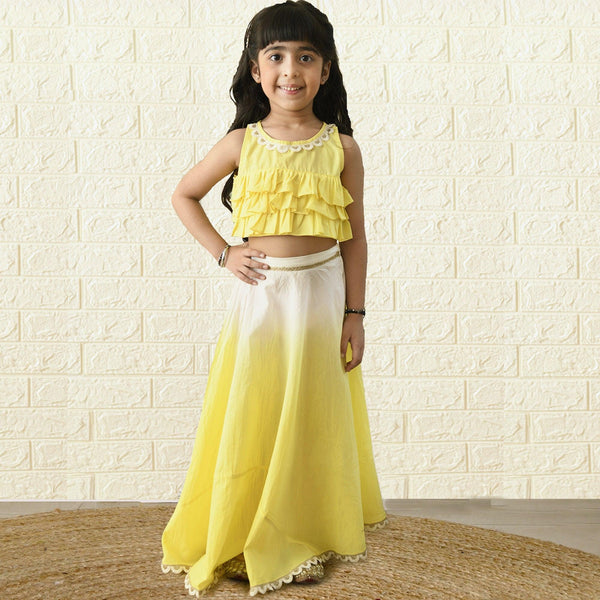 Ikeda Designs Crop Top with Lace& Ruffles and Ombre Lehenga- White and Yellow - Totdot