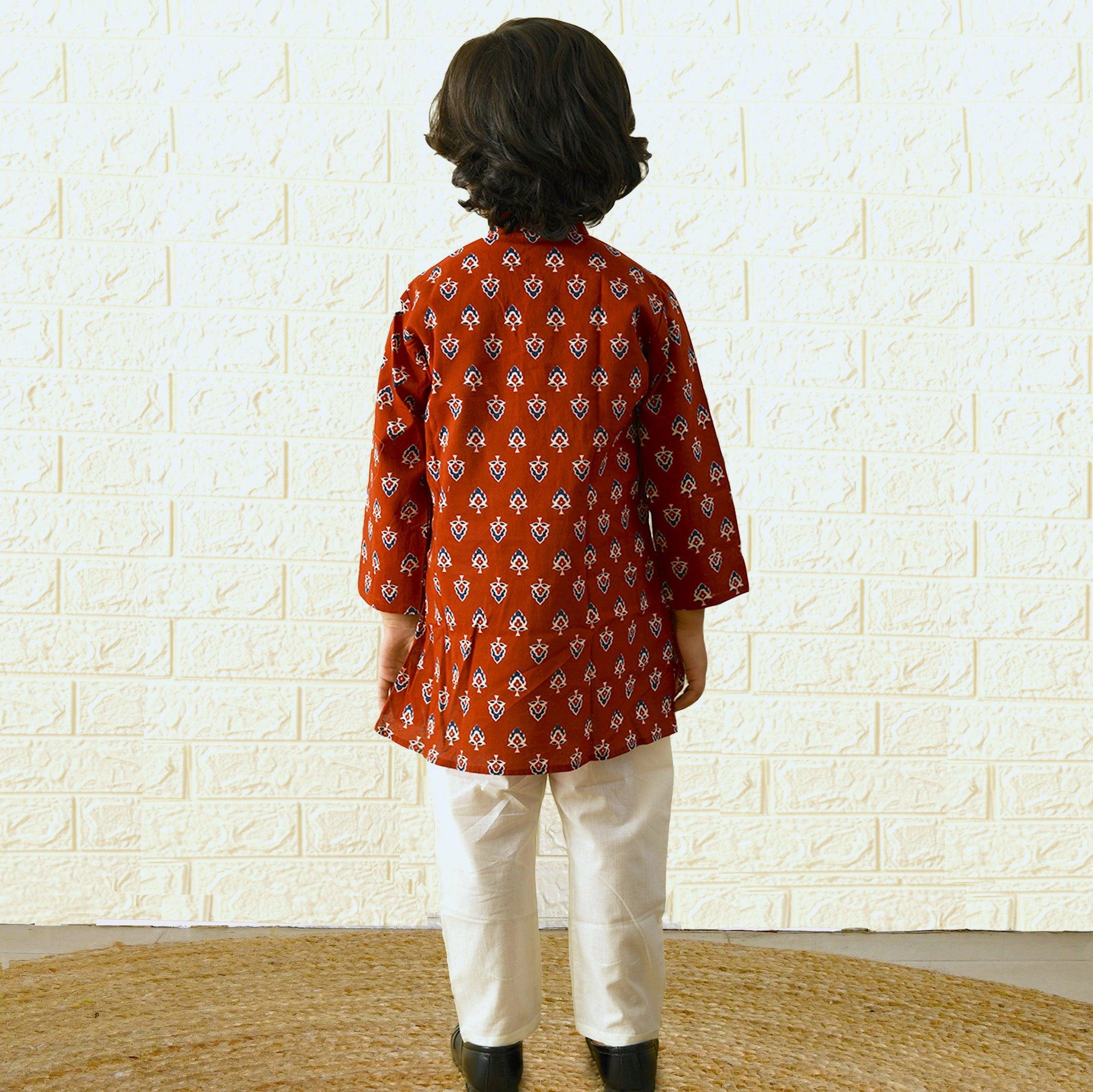 Ikeda Designs Full Sleeves Red Buti Block printed Kurta with Pyjama - Bagru Red - Totdot