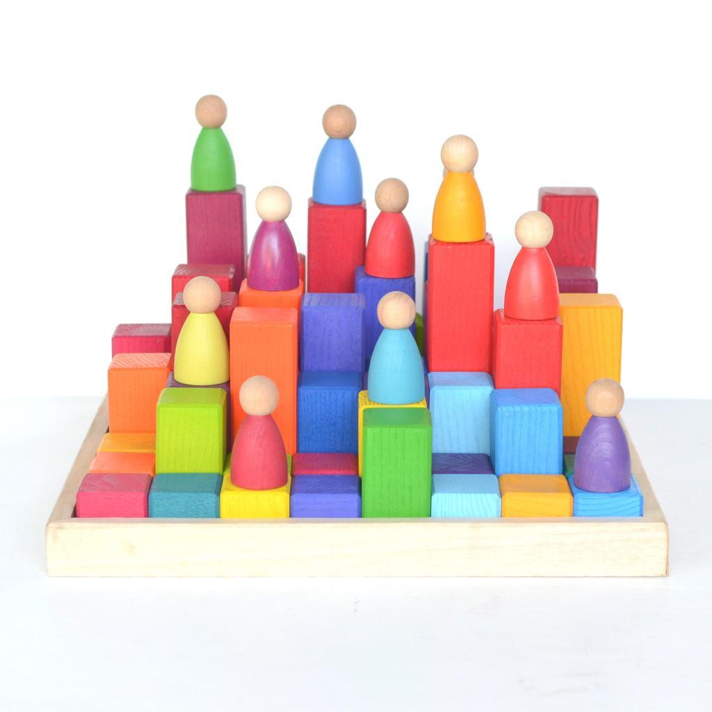 Large Stepped Pyramid of Wooden Building Blocks, 64 Piece Learning Set - Totdot