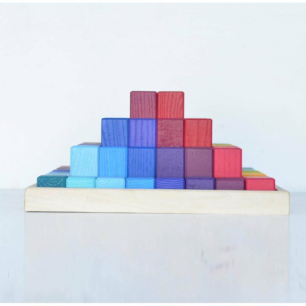 Large Stepped Pyramid of Wooden Building Blocks, 64 Piece Learning Set - Totdot