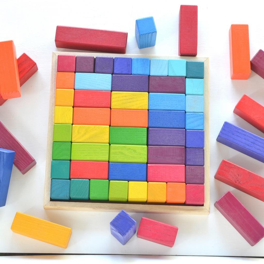 Large Stepped Pyramid of Wooden Building Blocks, 64 Piece Learning Set - Totdot