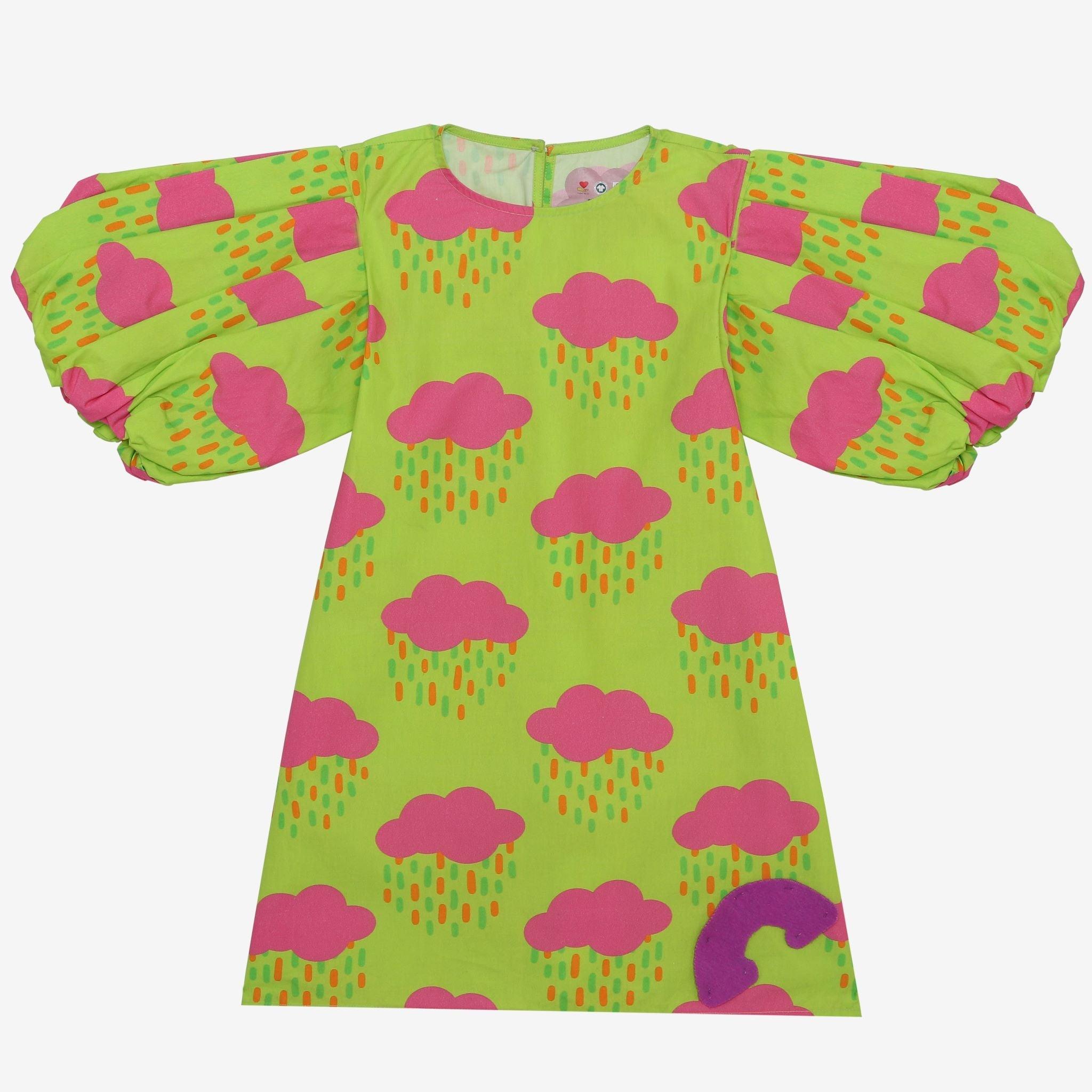 Meringue- Puffed Sleeve Neon Green Dress with Pink Clouds for Girls - Totdot