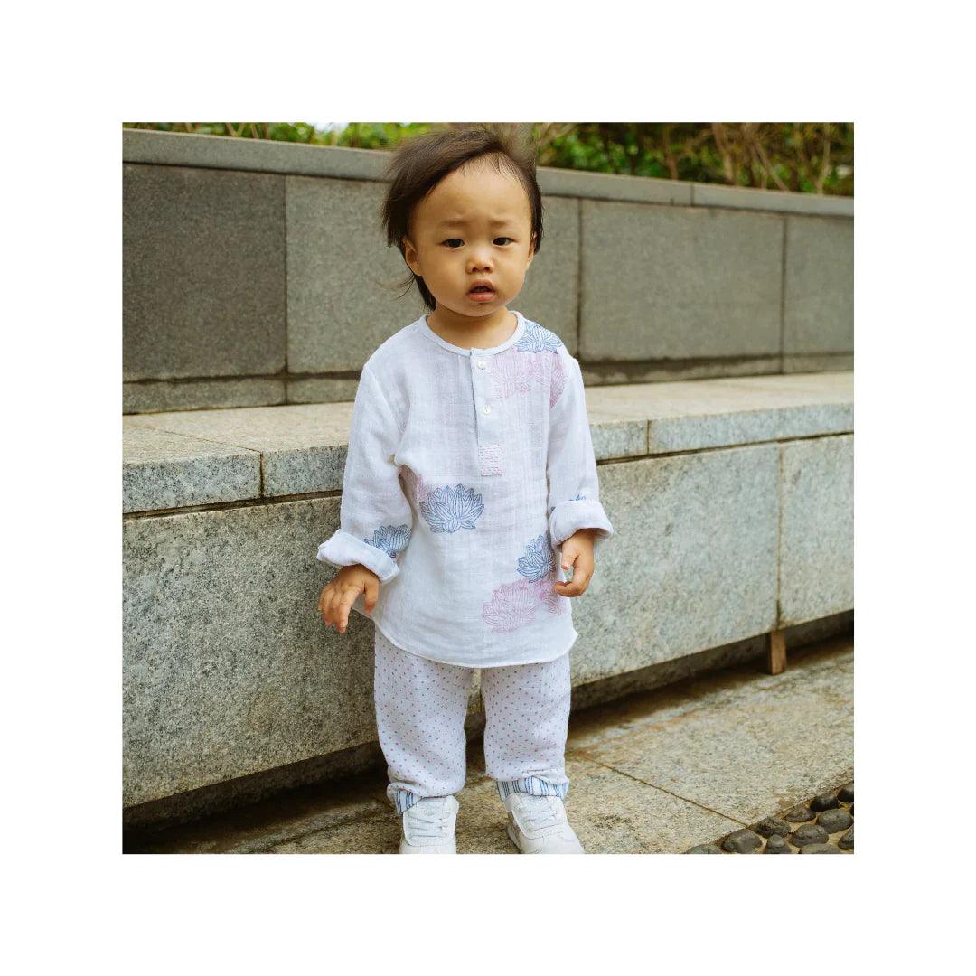 Organic Muslin Kurta Pyjama Set | Hand-Block Printed - Lotus Blooms - Totdot