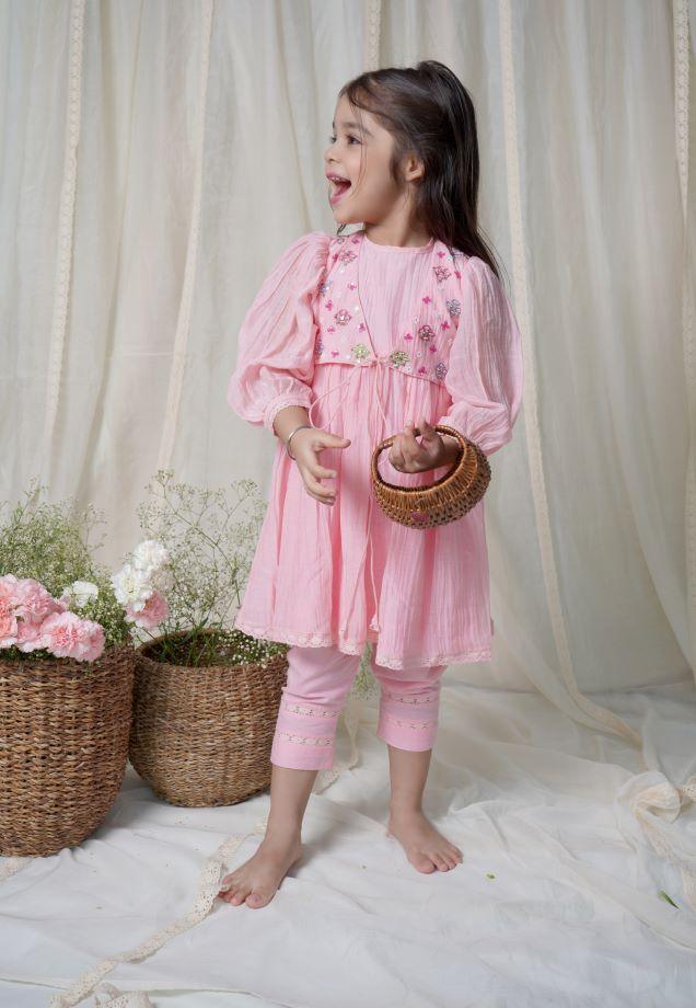 Pink Peony Faux Jacket Kurta Set For Girls - Totdot