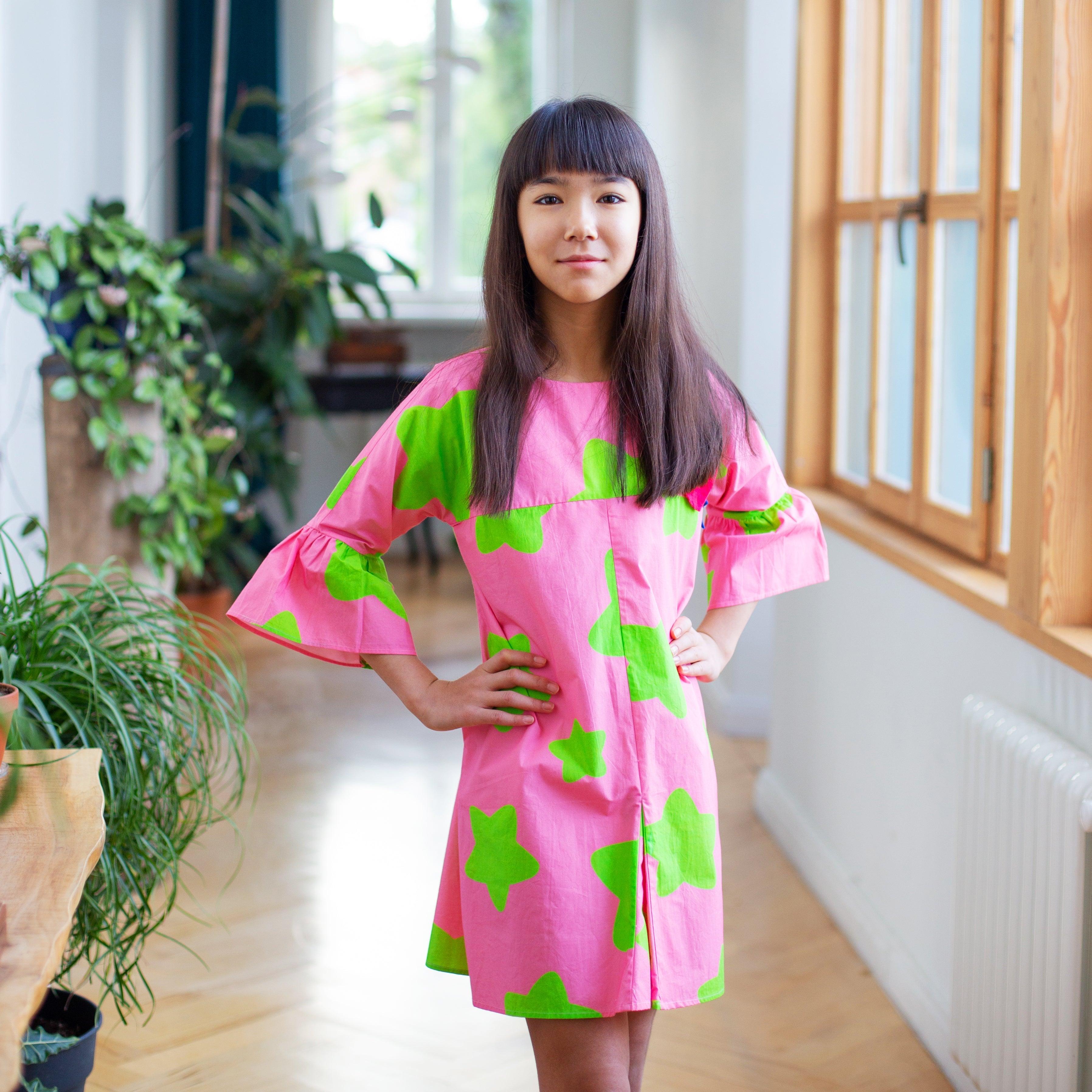 Sugar Rush- Frill Sleeves Pink Dress with Green Stars for Girls - Totdot