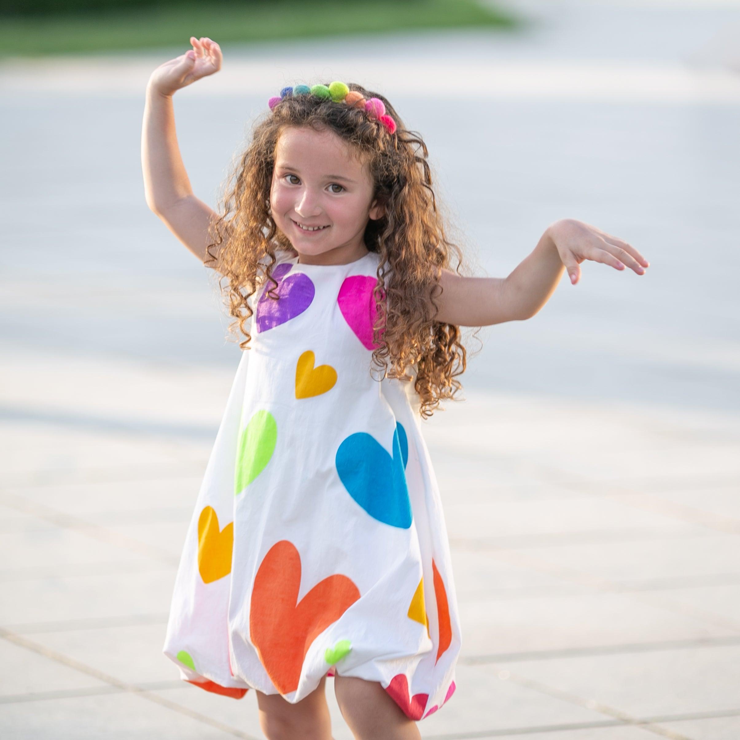 Summer Daze- White Dress with Multi-Coloured Heart Print for Girls - Totdot