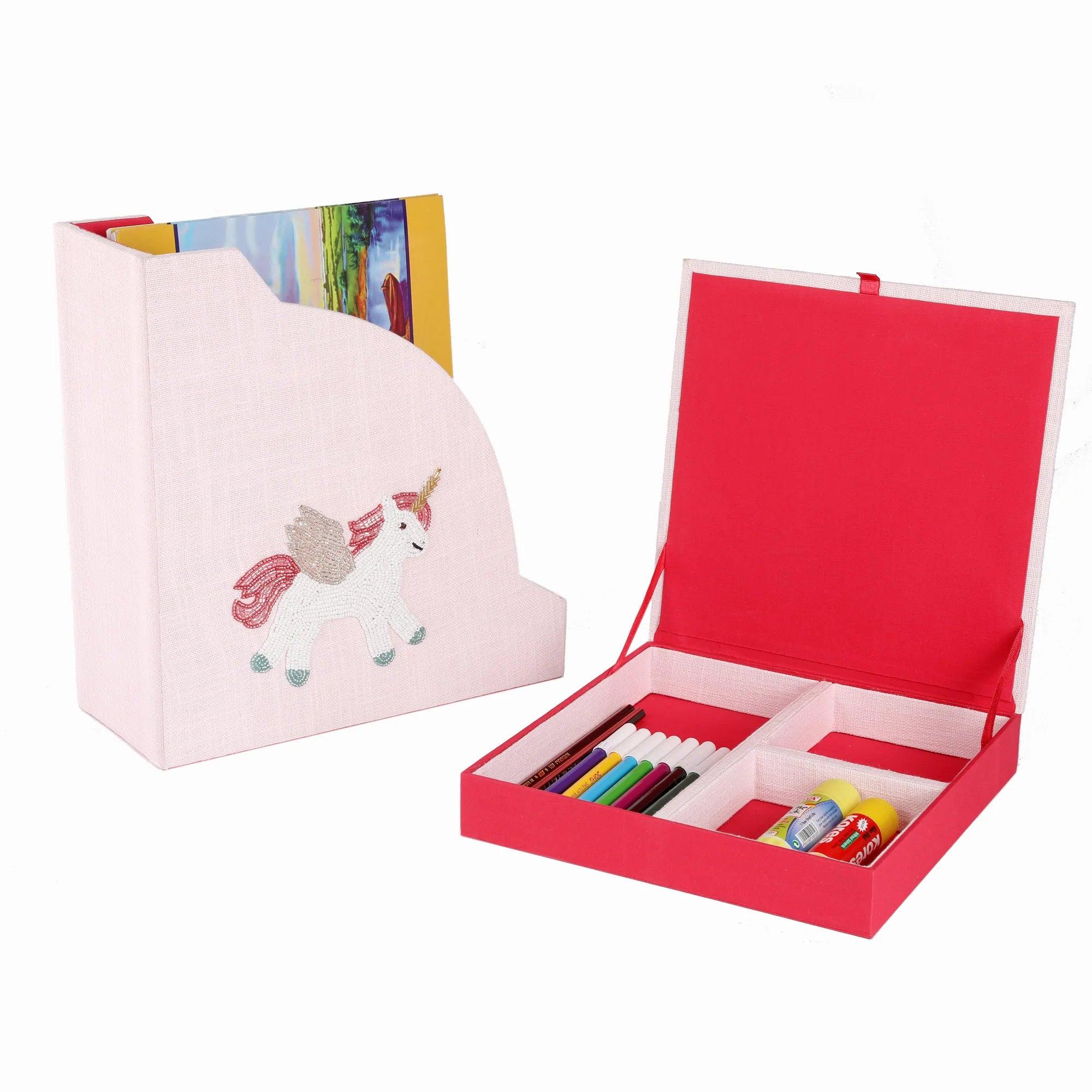 Unicorn Set of 2 Book / Magazine Holder With Stationary Tray - Totdot