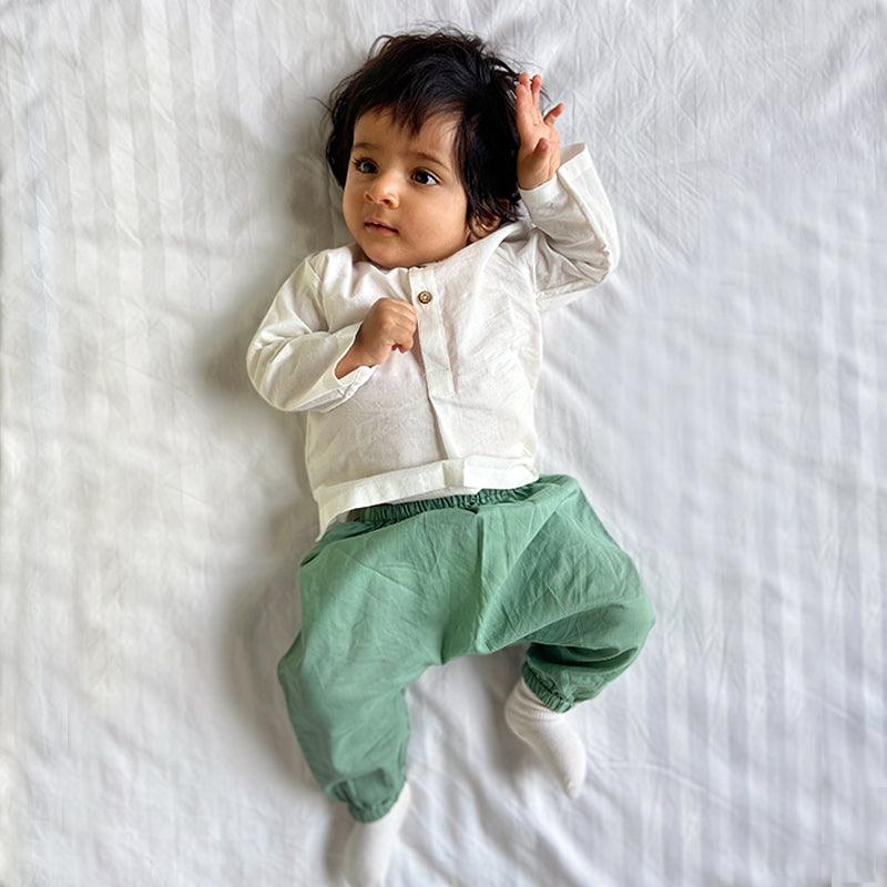 UNISEX ORGANIC ESSENTIAL WHITE KURTA + MINT PANTS - Totdot