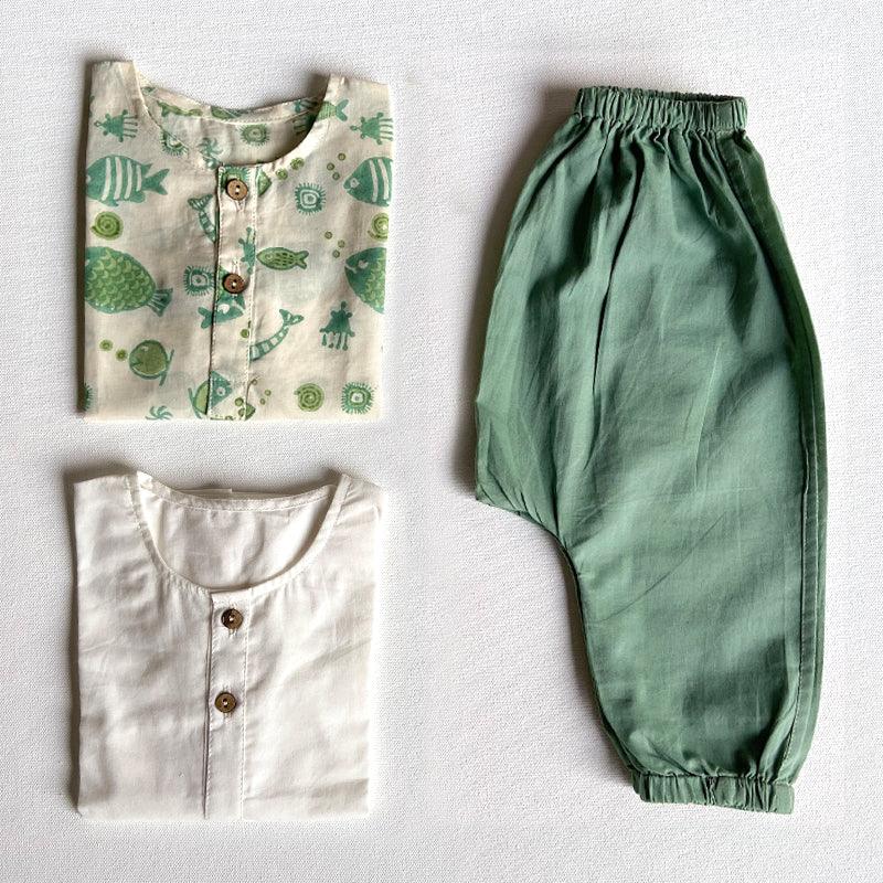 UNISEX ORGANIC KOI BAG - KOI MINT AND WHITE KURTA + MINT PANTS - Totdot