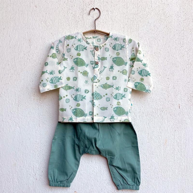 UNISEX ORGANIC KOI BAG - KOI MINT AND WHITE KURTA + MINT PANTS - Totdot