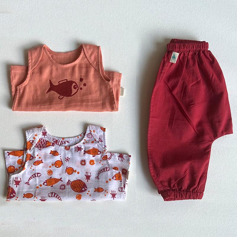 UNISEX ORGANIC KOI JHABLA PJ BAG - KOI RED JHABLA + PEACH JHABLA WITH RED PANTS - Totdot
