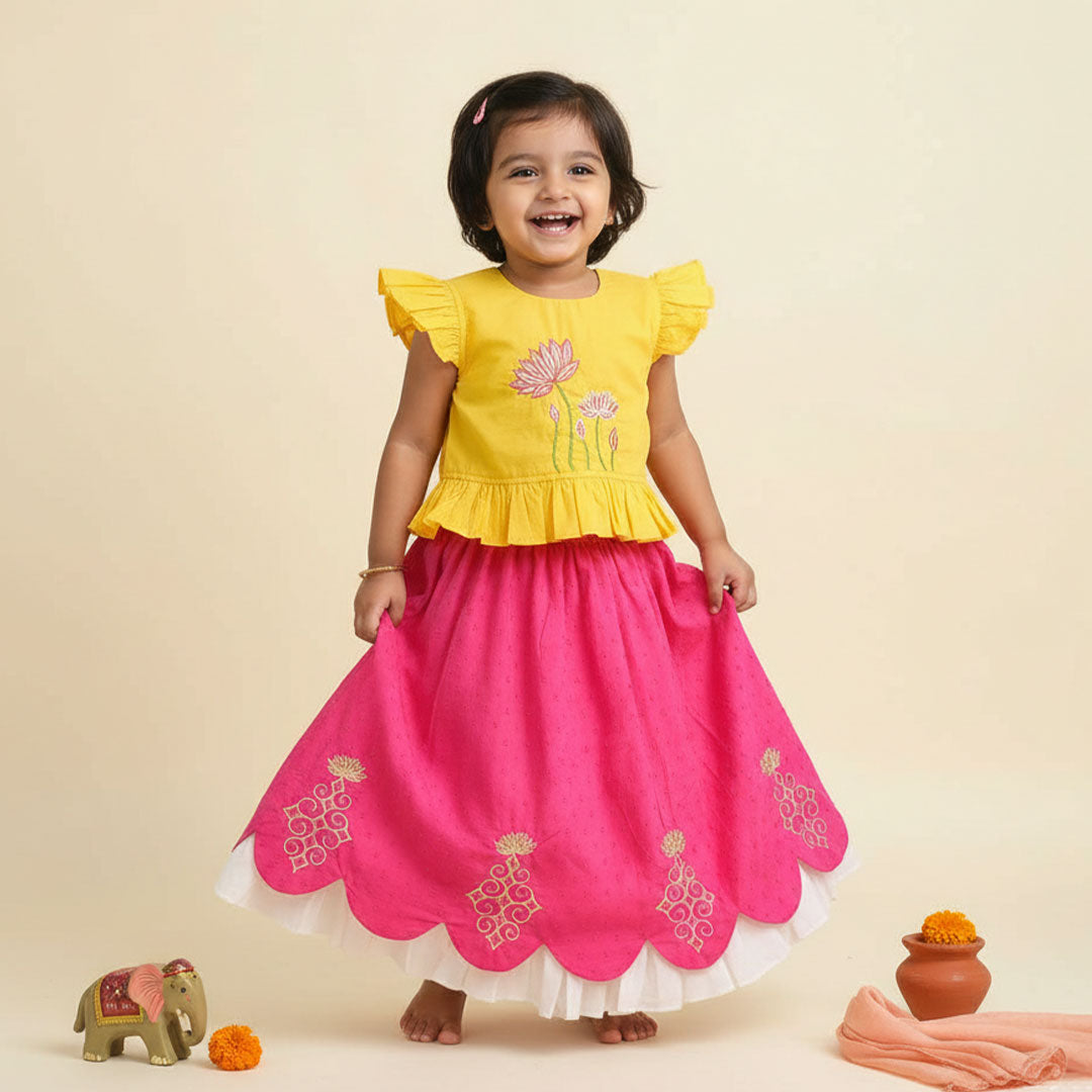 Embroidered Yellow and Hot Pink Lehenga Set - Lotus Pond