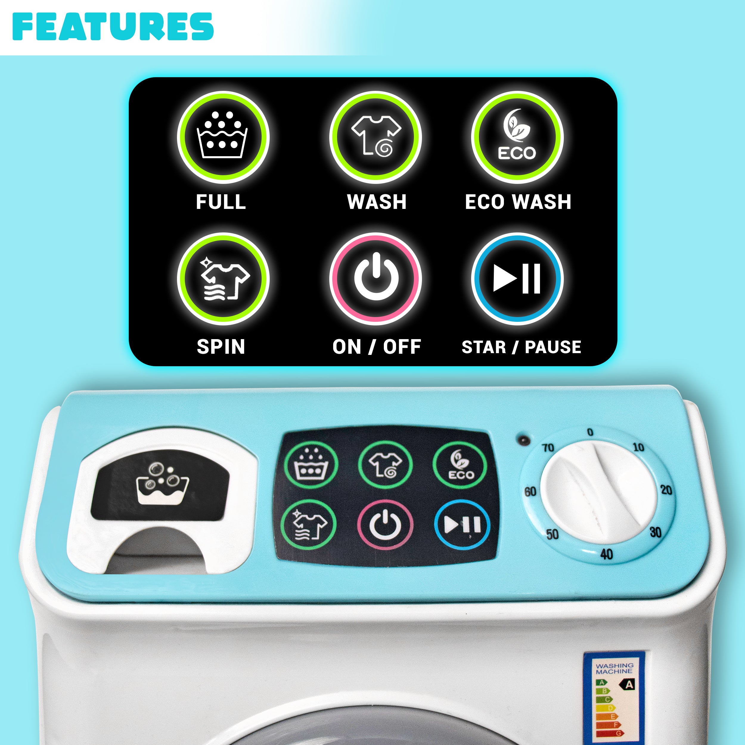 Mini Washing Machine Pretend Play Toy with Light & Realistic Sound for Kids.