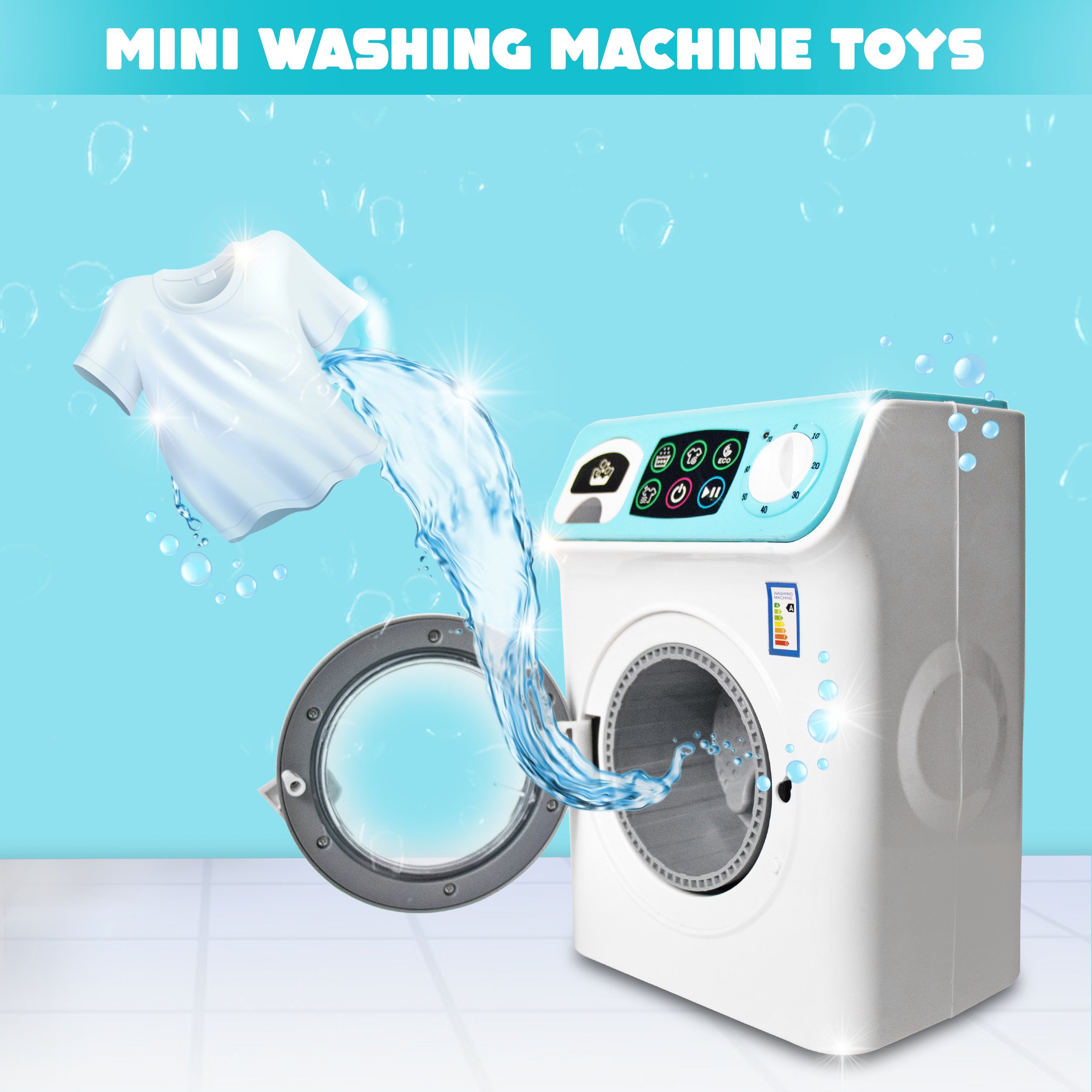 Mini Washing Machine Pretend Play Toy with Light & Realistic Sound for Kids.