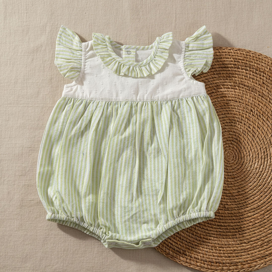 Striped Romper with Flutter Sleeves - Green and White