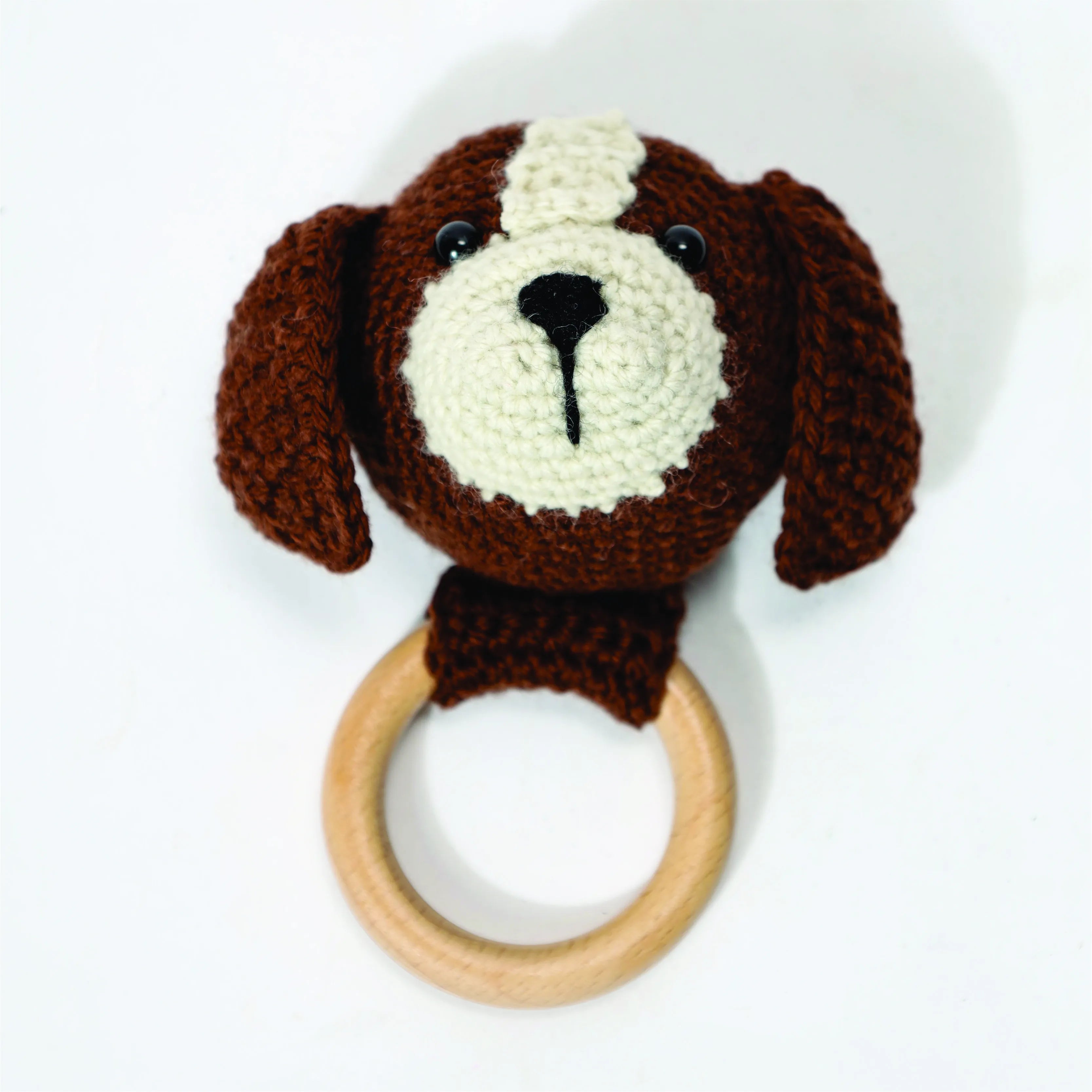 Baby Crochet Dog Rattle With Natural Beech Wood Teething Ring - Clove