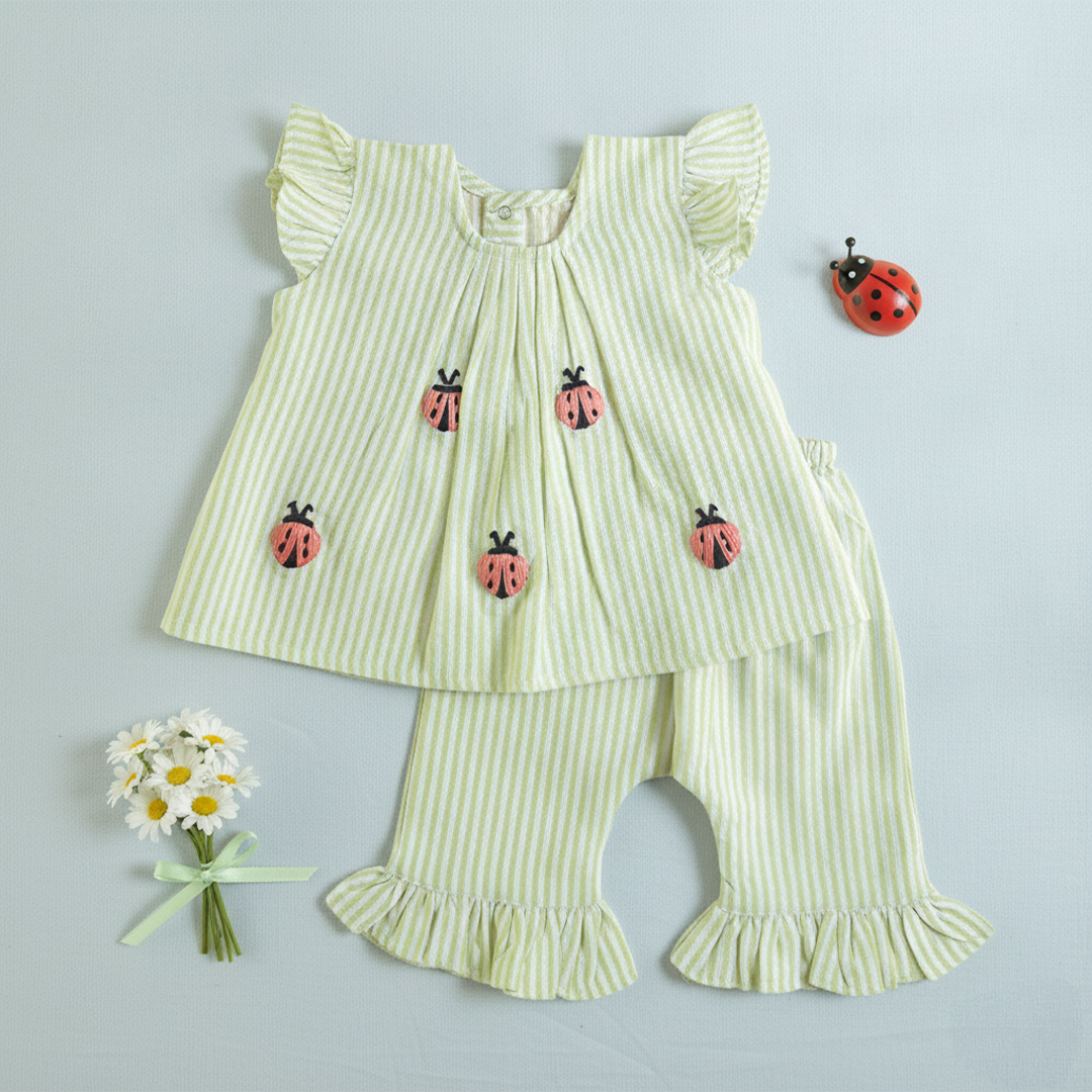 Green and White Stirped Embroidered Coord Set - LadyBugs