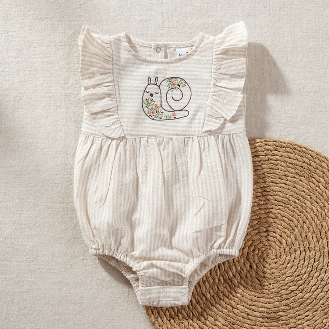 Beige and White Striped Embroidered Romper with Ruffles - Garden Snail