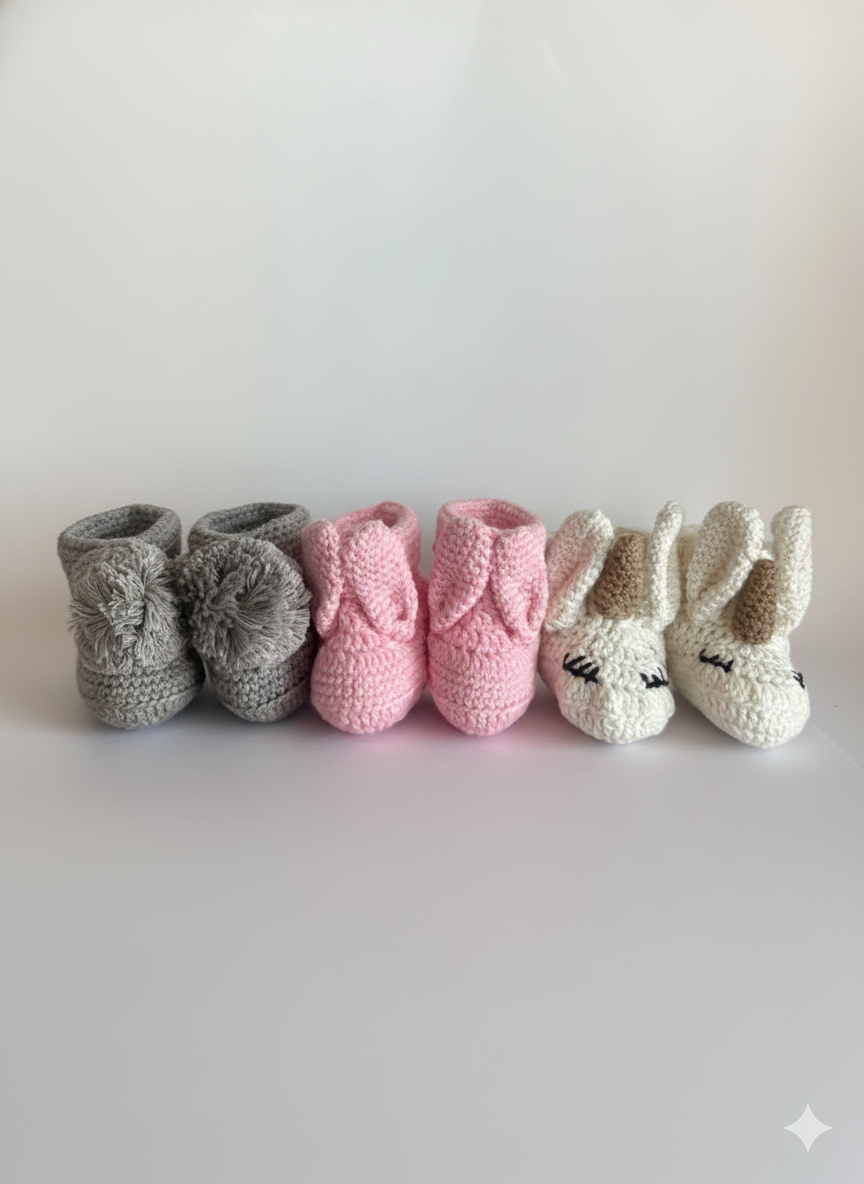 Baby Cute Pack Of 3 Crochet Booties - Off-White,Grey Melange, Coral Almond