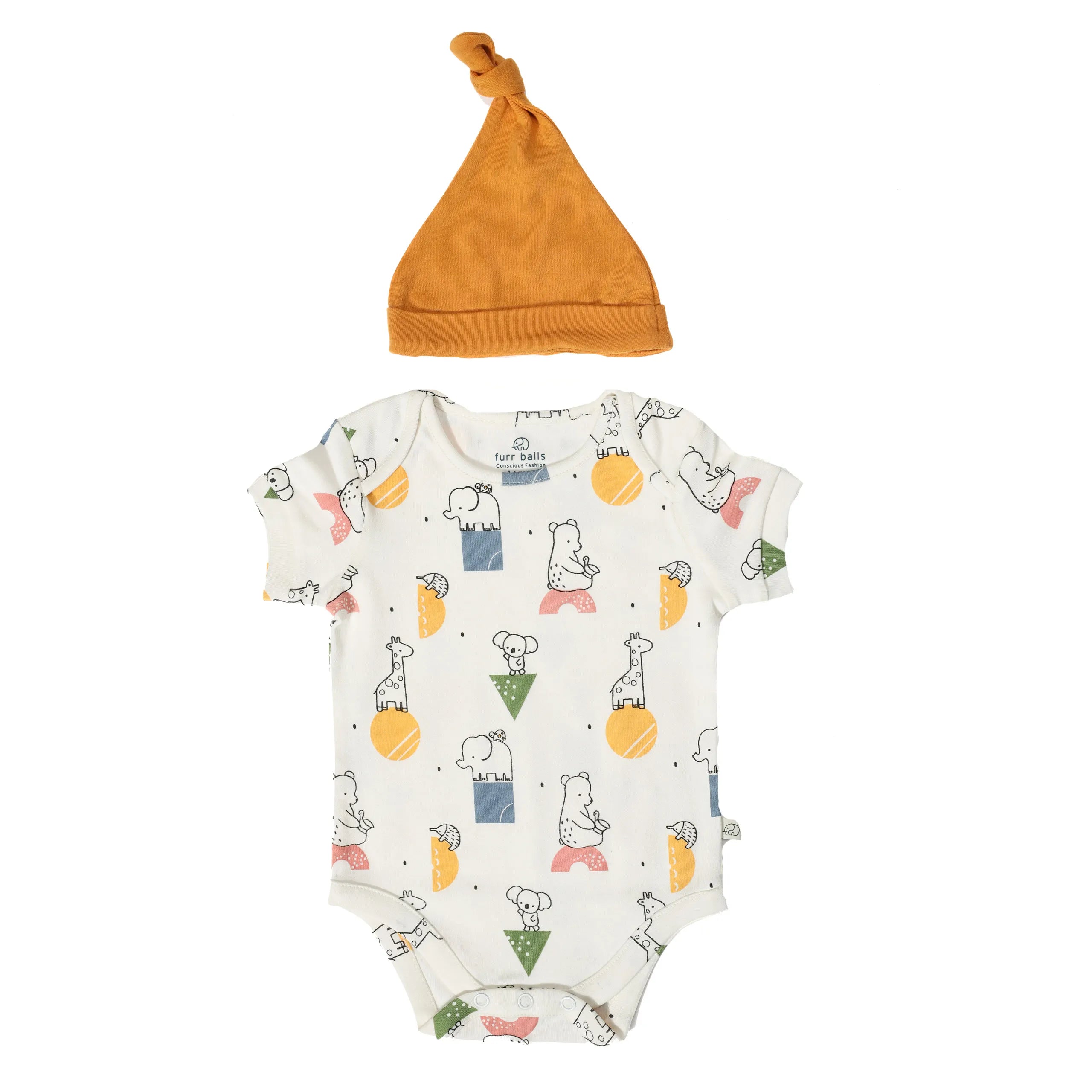 Baby Animal Kingdom Short Sleeves Bodysuit With An Organic Cotton Cap - White