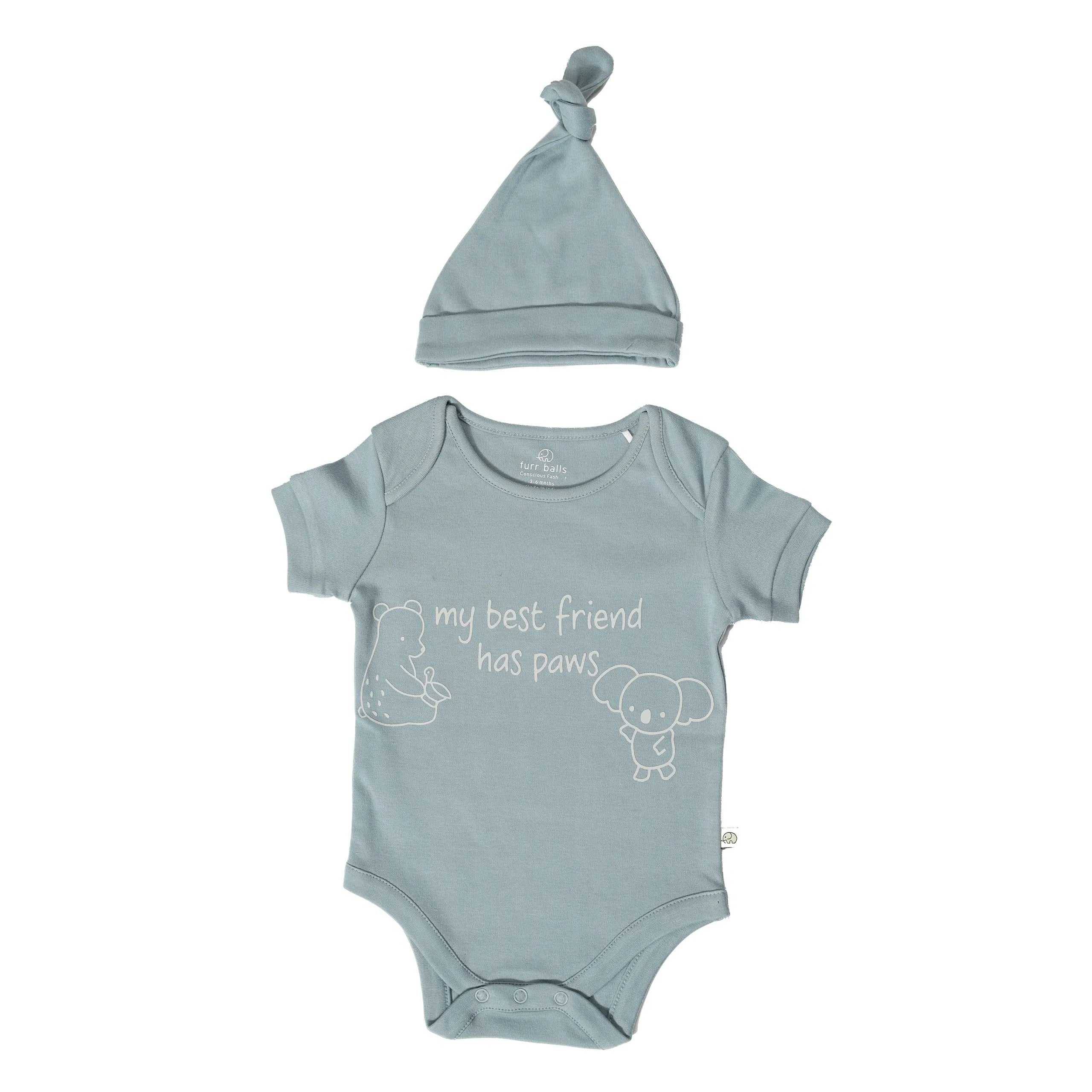 Baby â€œMy Best Friend Has Pawsâ€ Short Sleeves Bodysuit With An Organic Cotton Cap - Dusty Blue