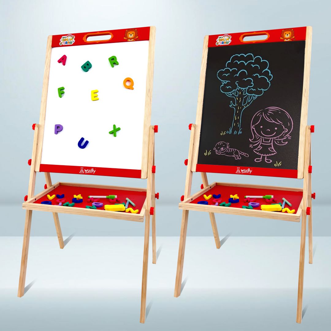 Kids Wooden Drawing Board - Double-Sided Chalkboard and Whiteboar