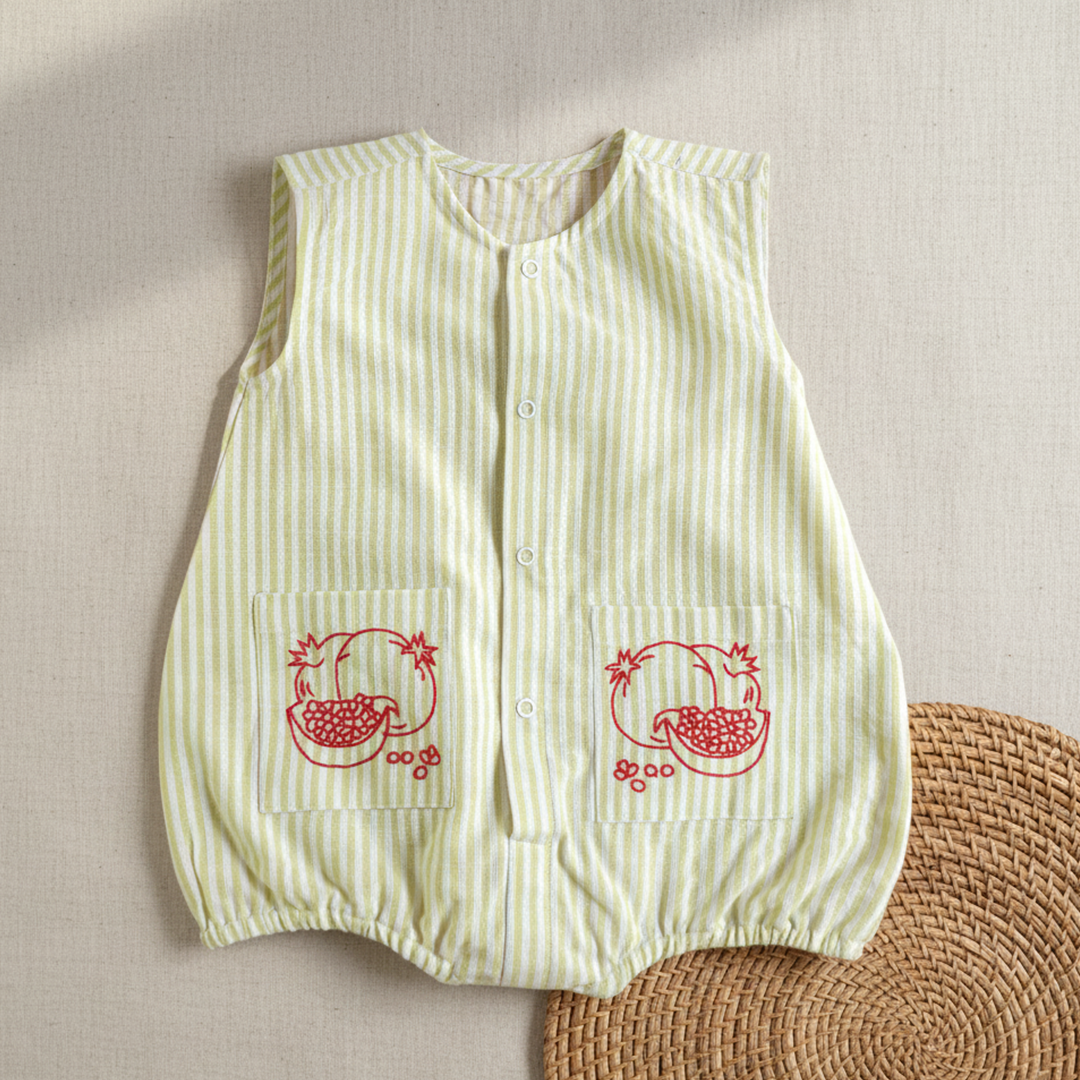 Green and White Striped Embroidered Romper with Pockets - Pomegranates