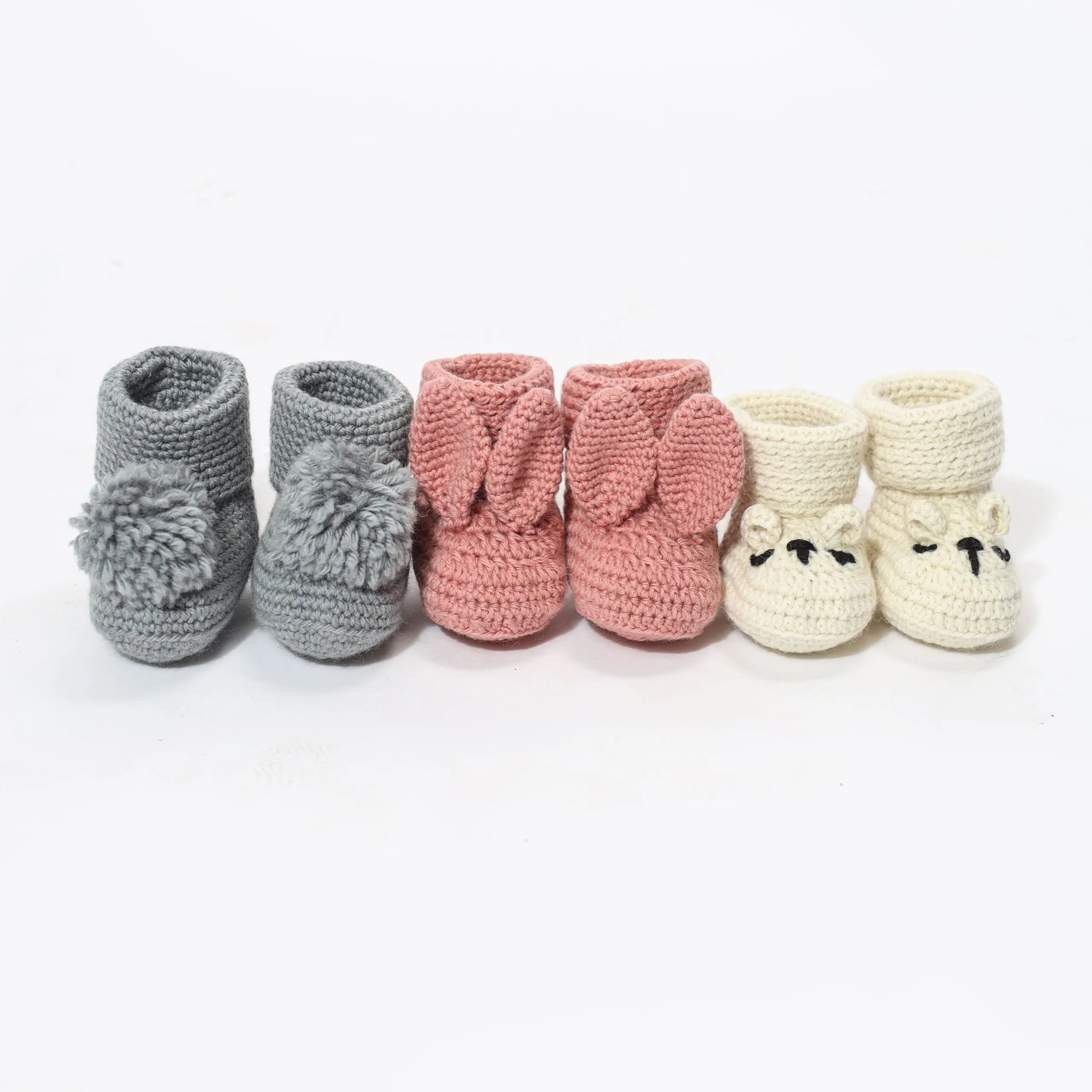 Baby Cute Pack Of 3 Crochet Booties - Off-White,Grey Melange, Coral Almond