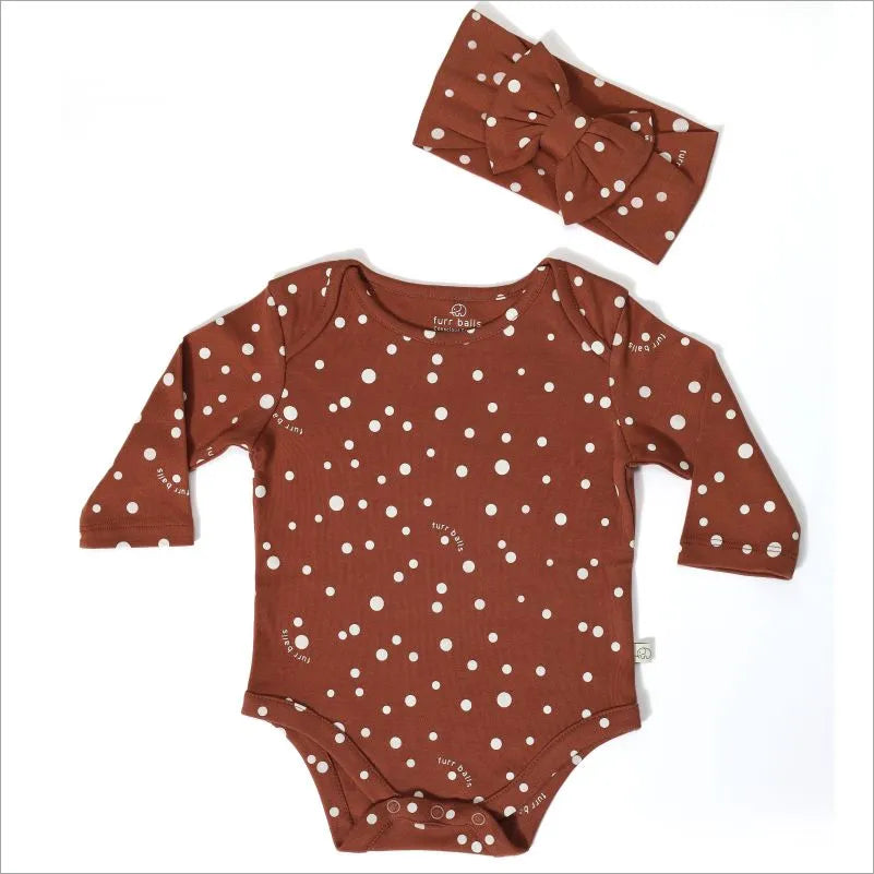 Baby Printed Polka Dotted Full Sleeves Bodysuit With A Bow Headband - Clove