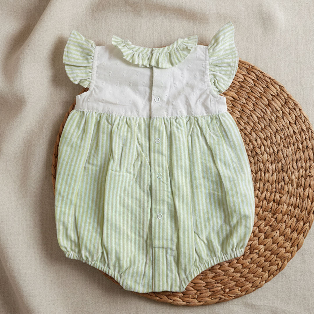 Striped Romper with Flutter Sleeves - Green and White