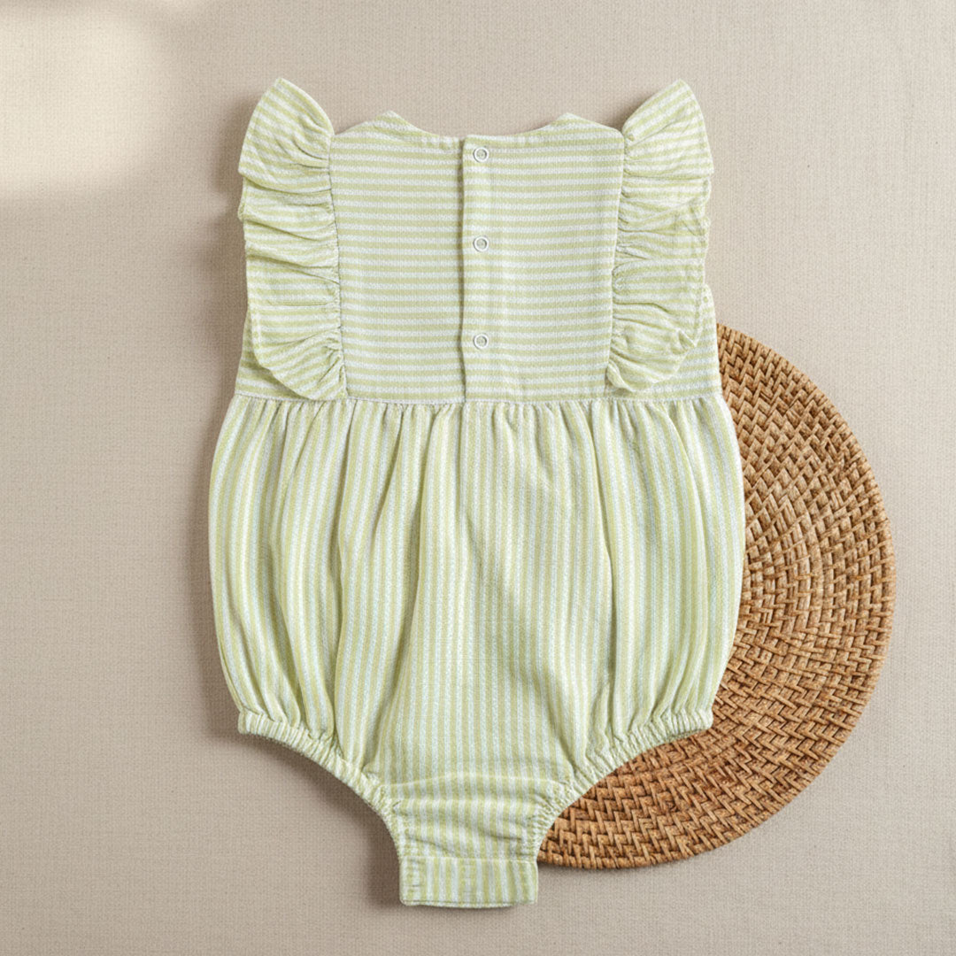 Green and White Striped Embroidered Romper with Ruffles - Flower Vase