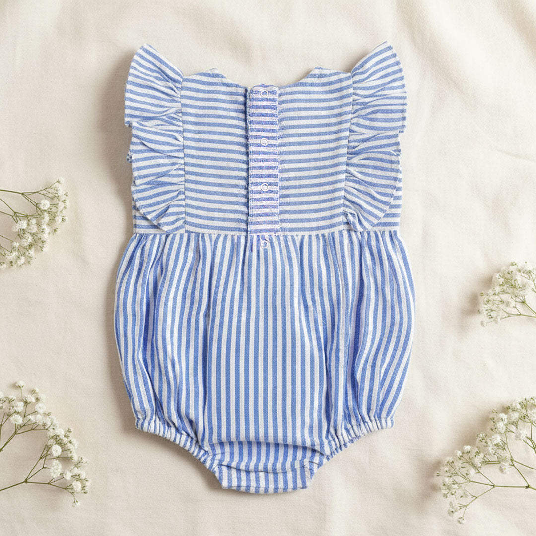 Blue and White Striped Embroidered Romper with Ruffles - Elephant in the Bloom