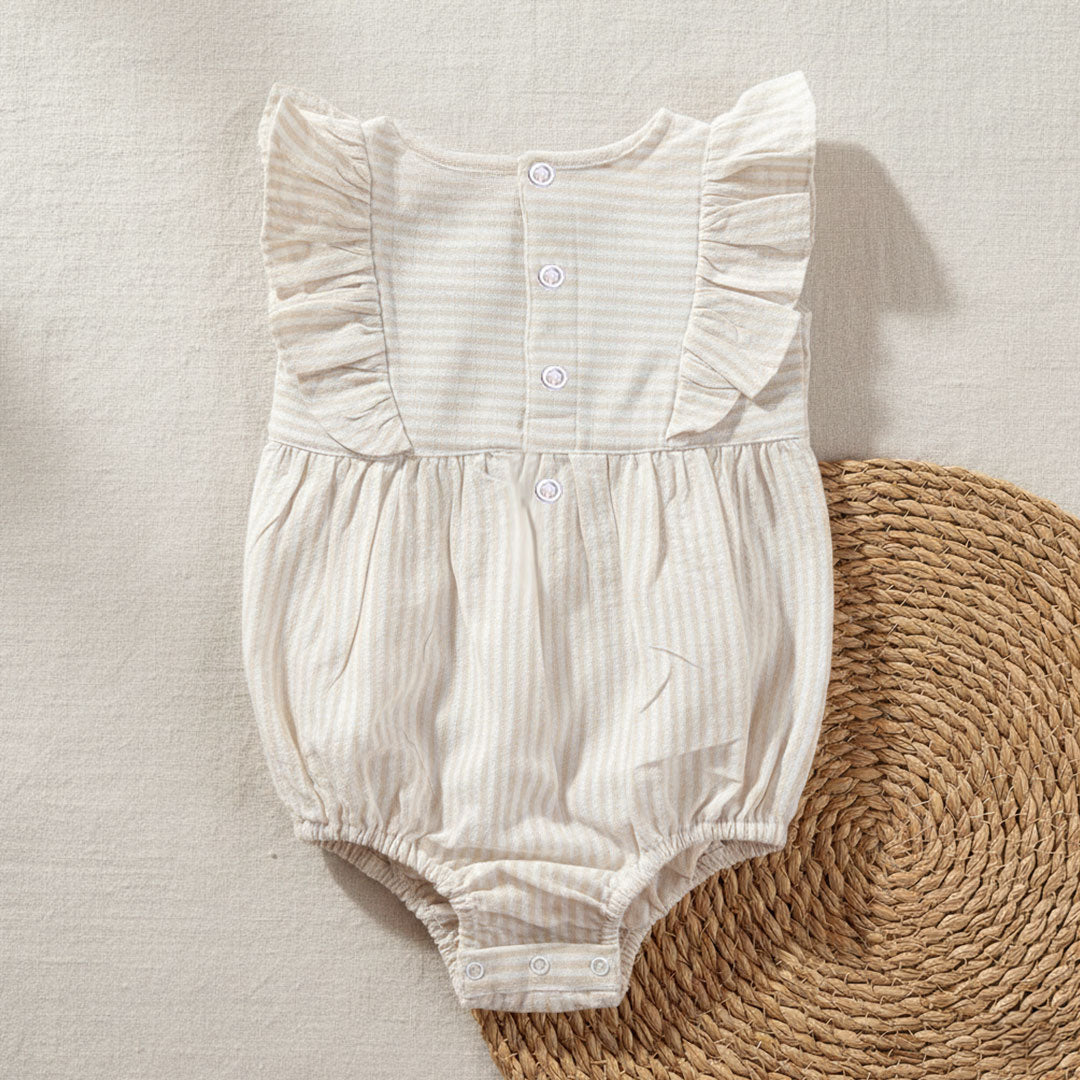 Beige and White Striped Embroidered Romper with Ruffles - Garden Snail
