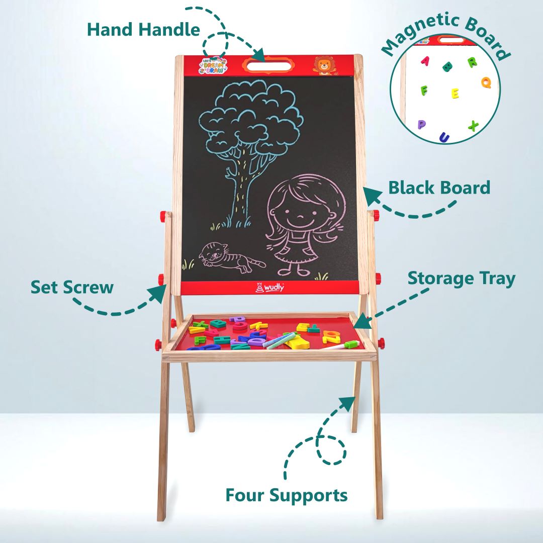 Kids Wooden Drawing Board - Double-Sided Chalkboard and Whiteboar