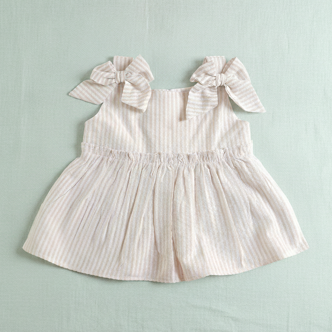 Beige and White Stirped Embroidered Coord Set - Birdie with Flowers