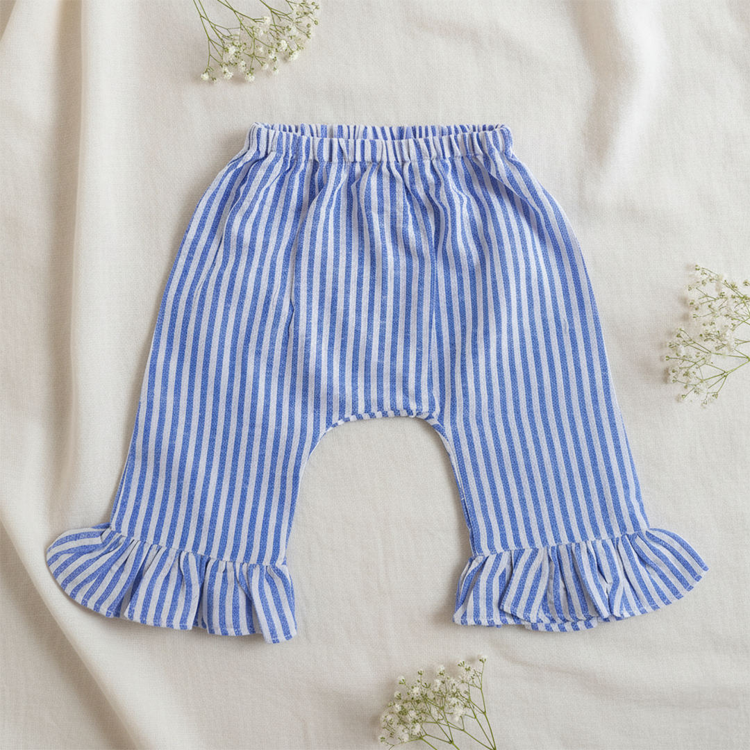 Blue and White Stirped Embroidered Coord Set - Hibiscus