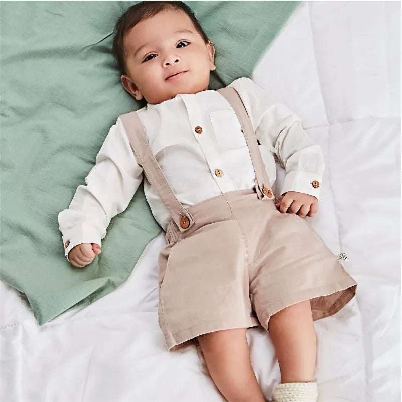 Baby Shirt & Suspender Shorts Set - White & Ruby Tan