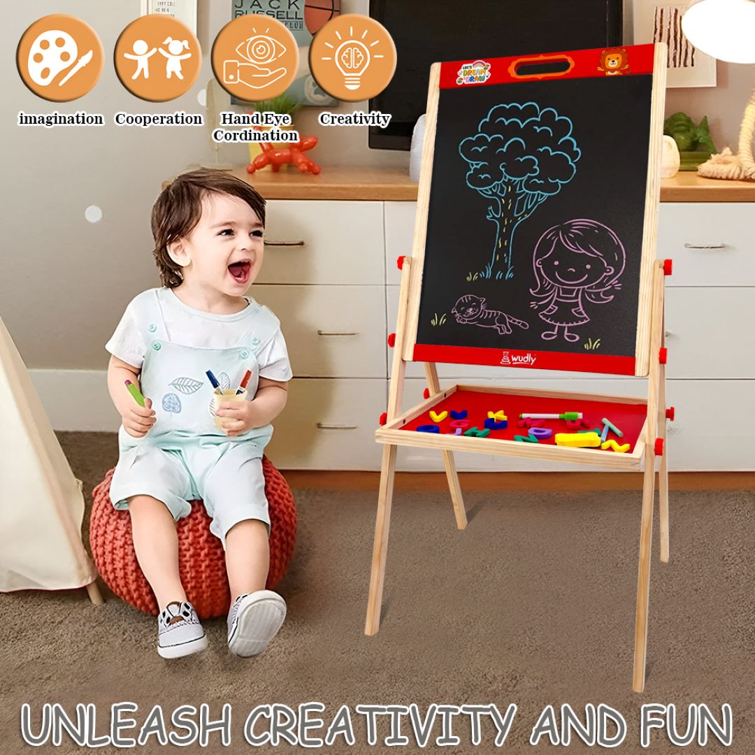 Kids Wooden Drawing Board - Double-Sided Chalkboard and Whiteboar