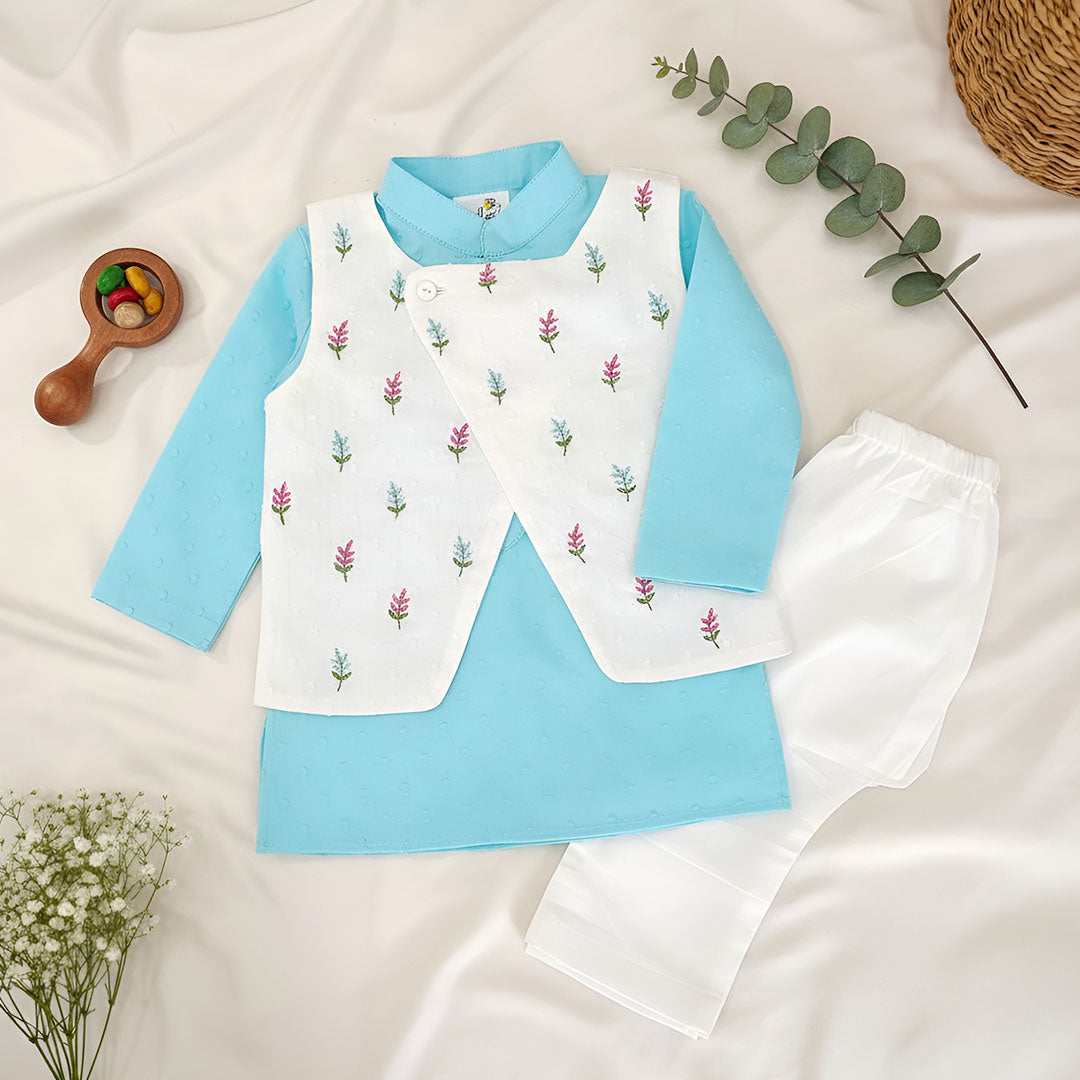 Turquoise Blue – Cotton Floral Embroidered Jacket Kurta and White Pajama Pants Set