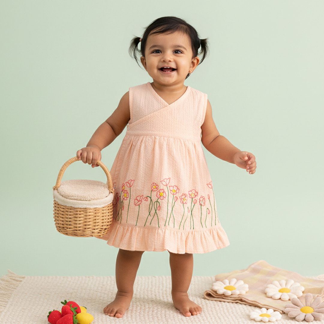 Embroidered Sweet Peach Wrap Dress - Poppy Field