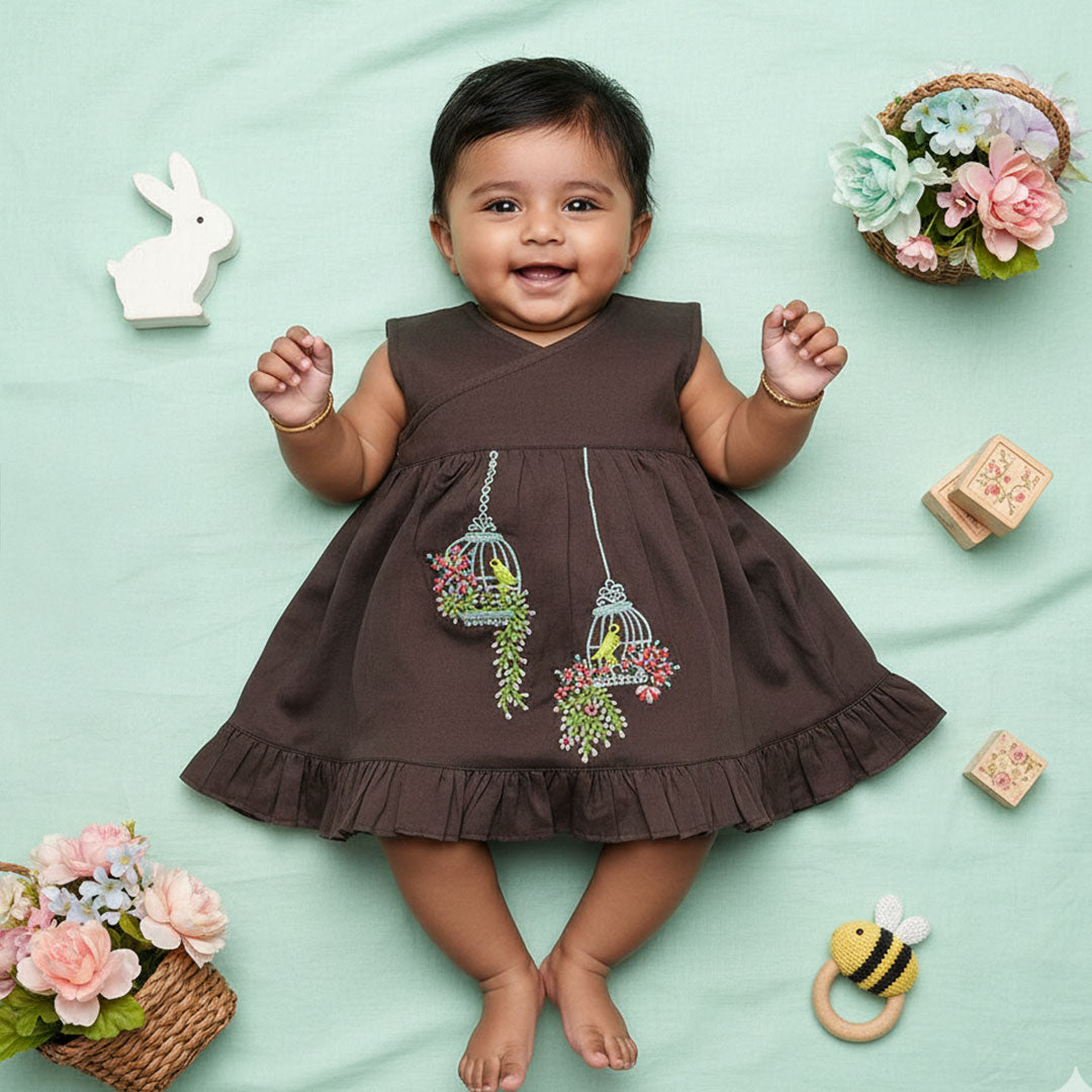 Embroidered Choco Brown Wrap Dress - Birdcage Garden