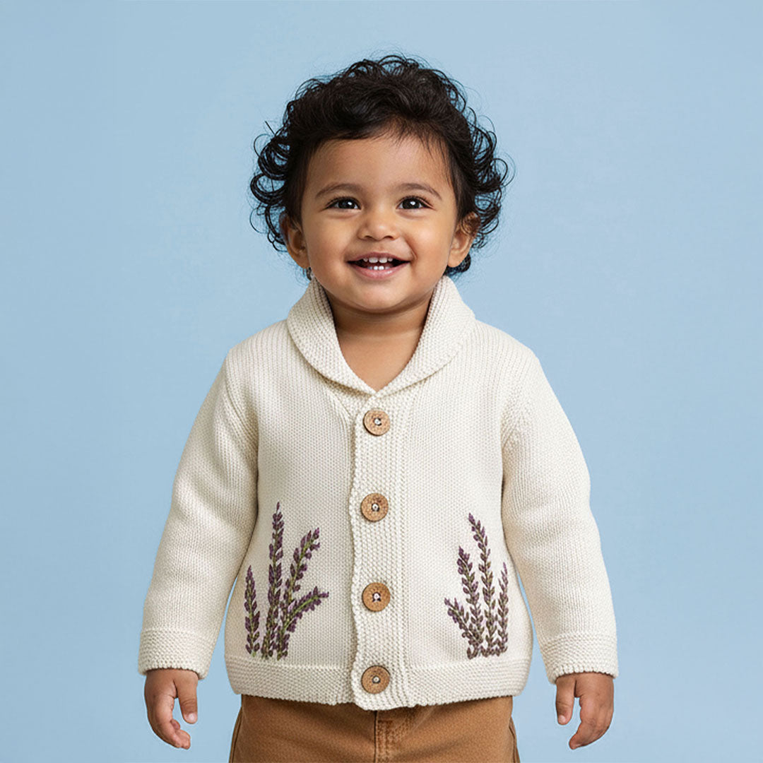 Winter Lavender – Cotton Hand Embroidered White Cardigan