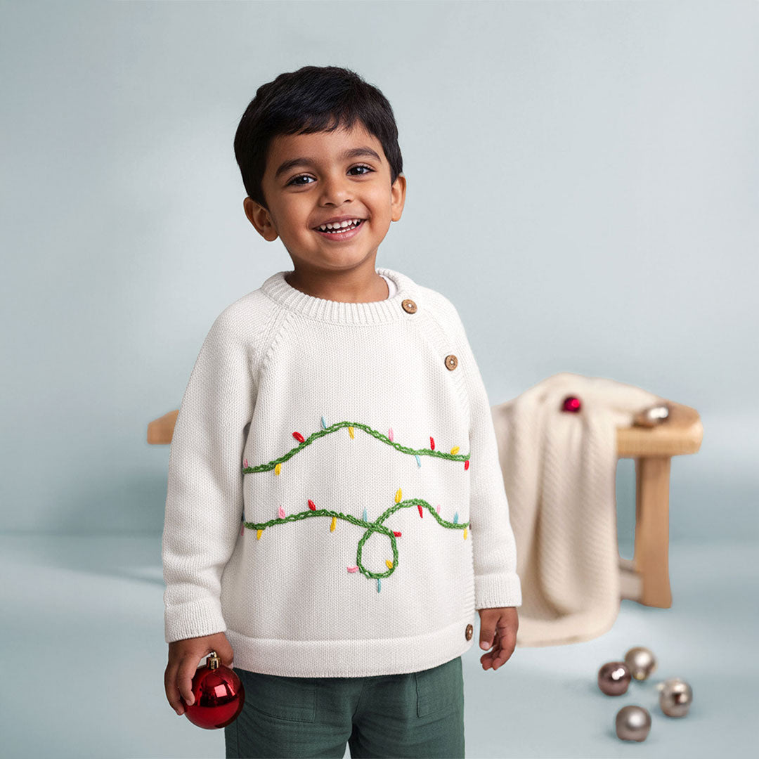 Twinkle Lights – Cotton Hand Embroidered Holiday White Sweater