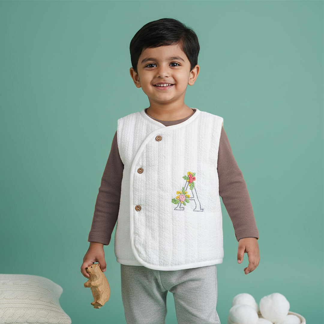 Your Baby's Initial – Cotton Embroidered White Button Up Quilted Vest