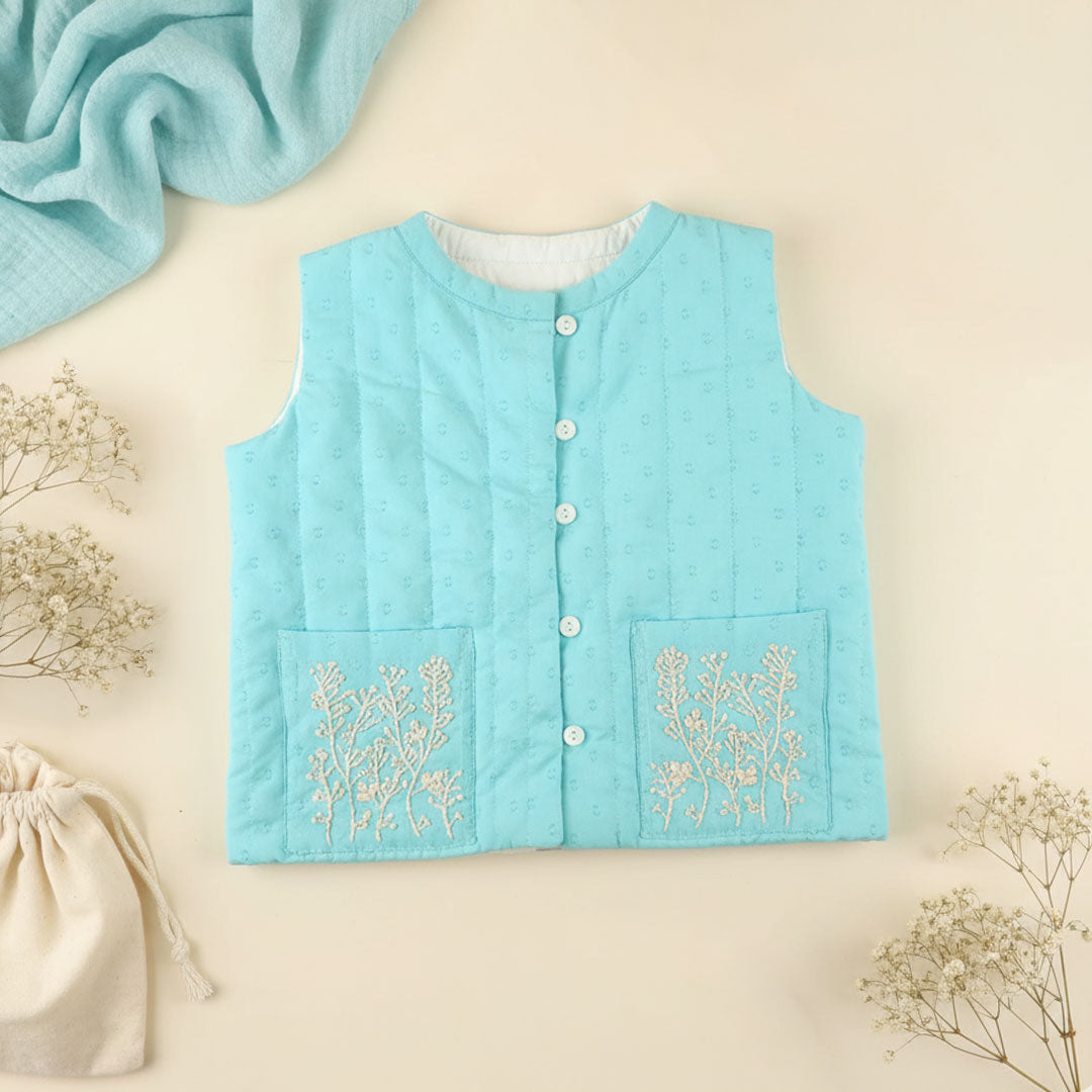 Frosty Plants – Cotton Embroidered Turquoise Blue Quilted Vest with Pockets
