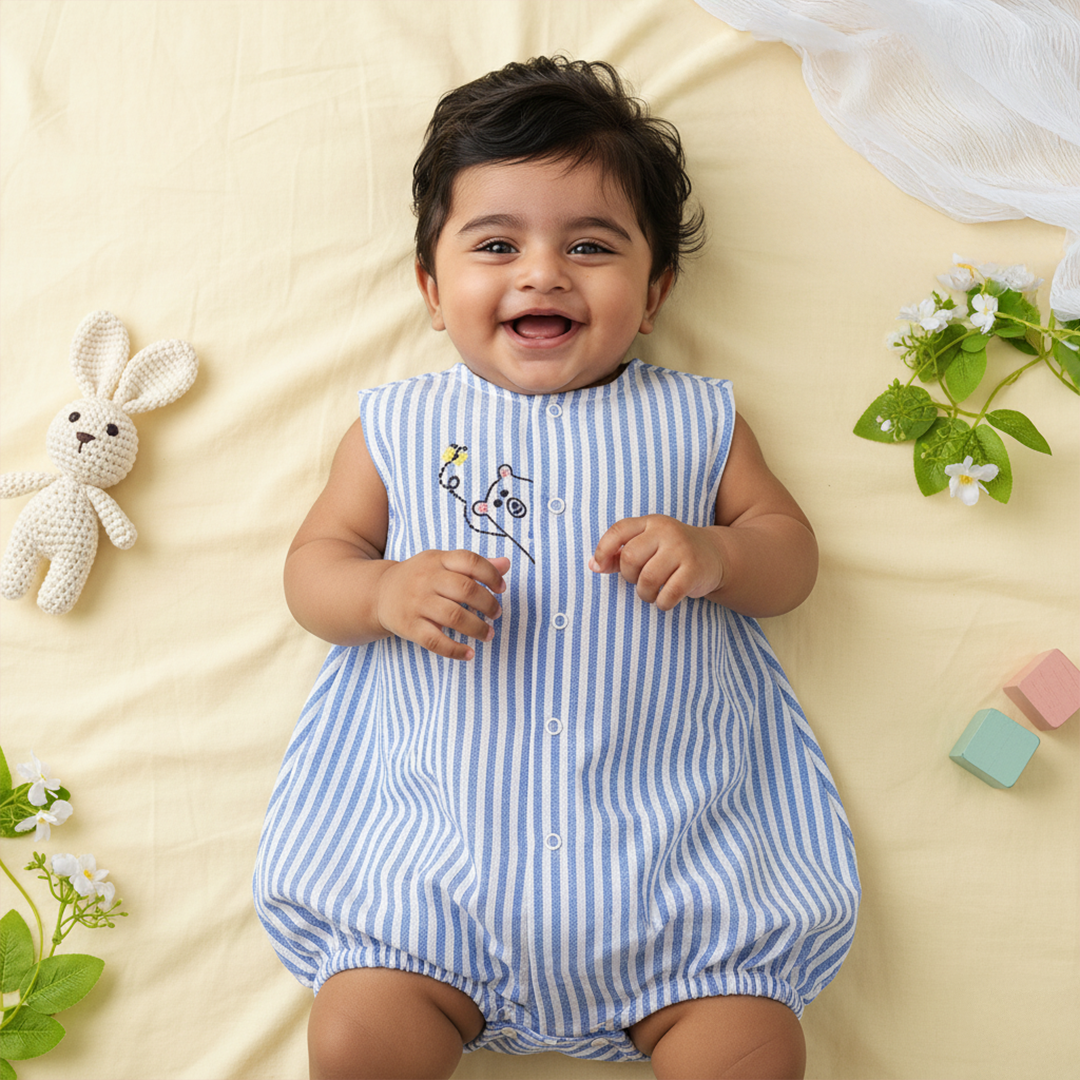 Blue and White Striped Embroidered Romper - Peek-A-Bear