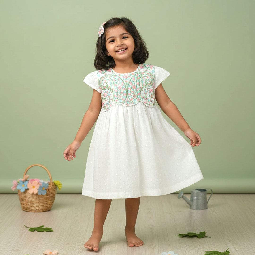 Textured Embroidered White Dress with Cap Sleeves - Paisley