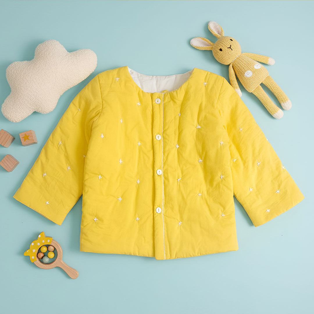 Starry Bright – Cotton Embroidered Yellow Button Up Quilted Jacket