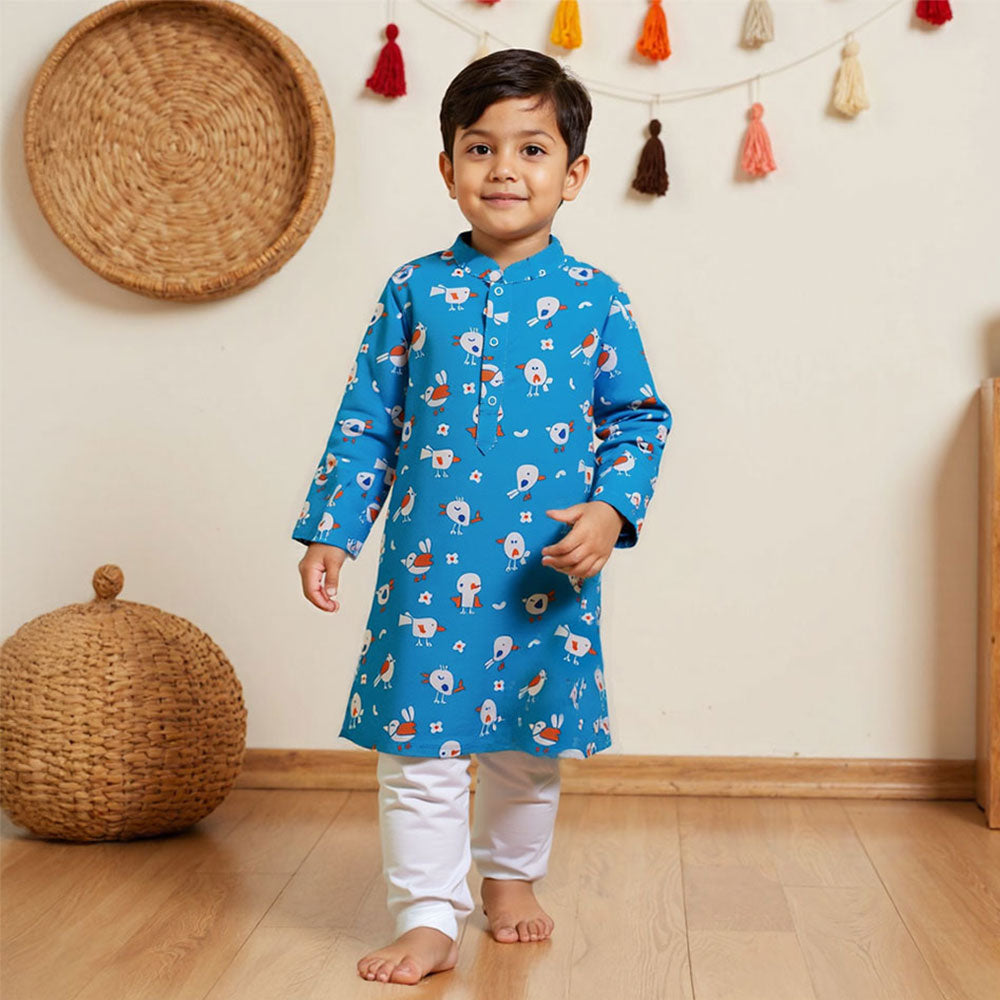 Blue Birdie – Cotton Printed Blue Kurta paired with Pajama Pants